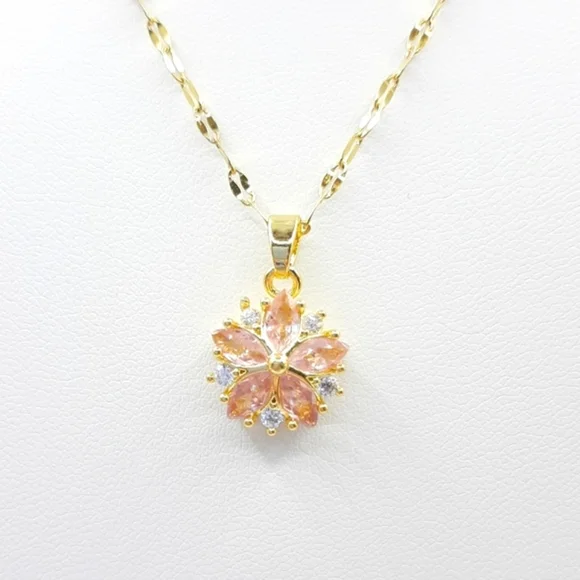 Pink Flower Necklace Gold Plated Stainless Steel Floral - Picture 1 of 4